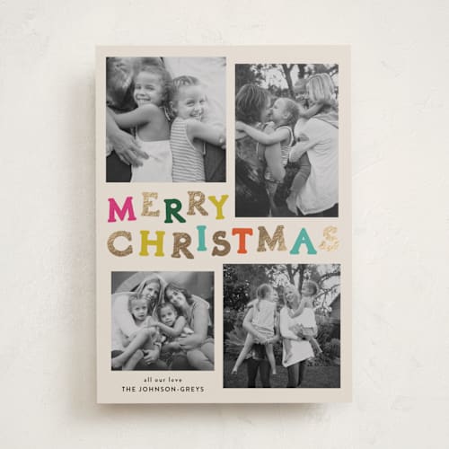 This is a bright foil pressed holiday cards with foil pressed by Inkblot Design called color coded spirit printing on recycled smooth signature in standard