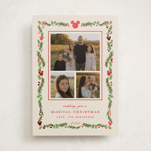 This is a stocking foil pressed holiday cards with foil pressed by Creo Study called disney’s mickey vintage holiday greens printing on recycled smooth signature in standard