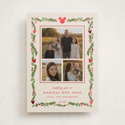 This is a stocking foil pressed holiday cards with foil pressed by Creo Study called disney’s mickey vintage holiday greens printing on recycled smooth signature in standard