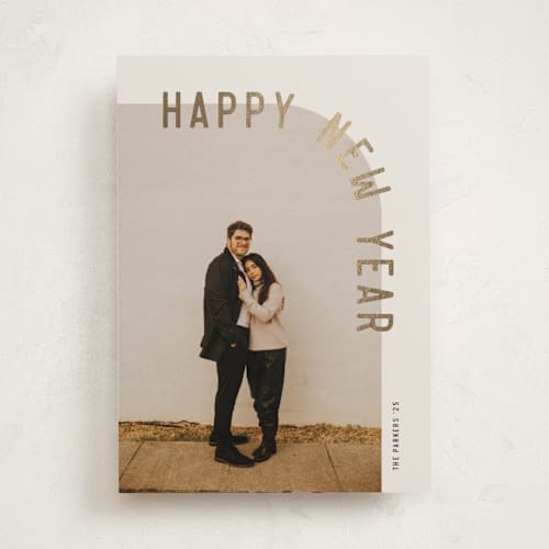 This is a eggnog foil pressed holiday cards with foil pressed by Brianne Larsen called curve printing on recycled smooth signature in standard