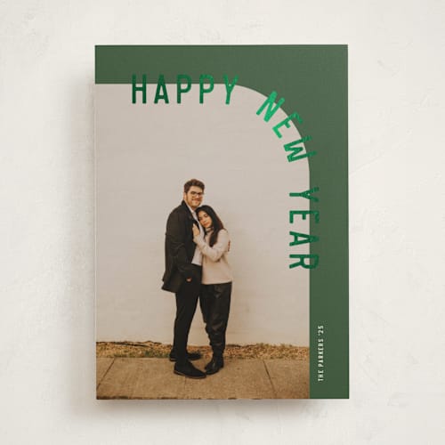 This is a pine foil pressed holiday cards with foil pressed by Brianne Larsen called curve printing on recycled smooth signature in standard