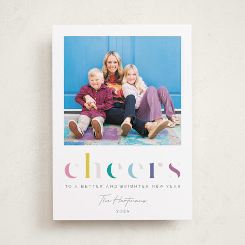 This is a funfetti gloss press holiday cards with gloss press by Lisa McLean called deconstructed cheers printing on recycled smooth signature in standard