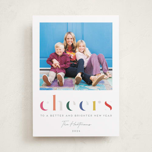 This is a rainbow gloss press holiday cards with gloss press by Lisa McLean called deconstructed cheers printing on recycled smooth signature in standard
