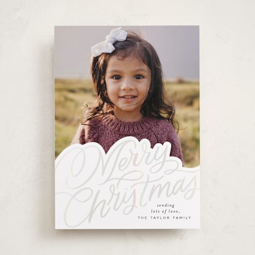 This is a snow gloss press holiday cards with gloss press by Alethea and Ruth called scripted lettering printing on recycled smooth signature in standard