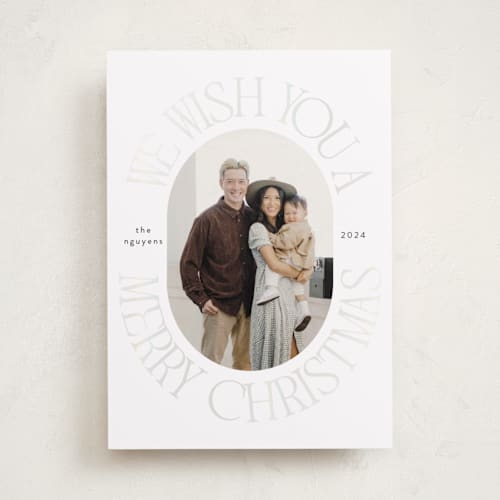 This is a snow gloss press holiday cards with gloss press by Morgan Kendall called merry wish printing on recycled smooth signature in standard