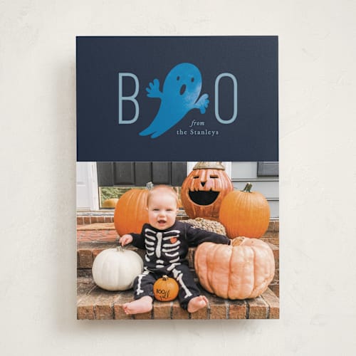 This is a navy halloween party invitations cards by Mansi Verma called boo from us printing on recycled smooth signature in standard