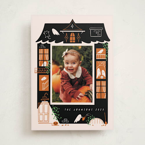 This is a pumpkin halloween party invitations cards by Grae called ghost house printing on recycled smooth signature in standard