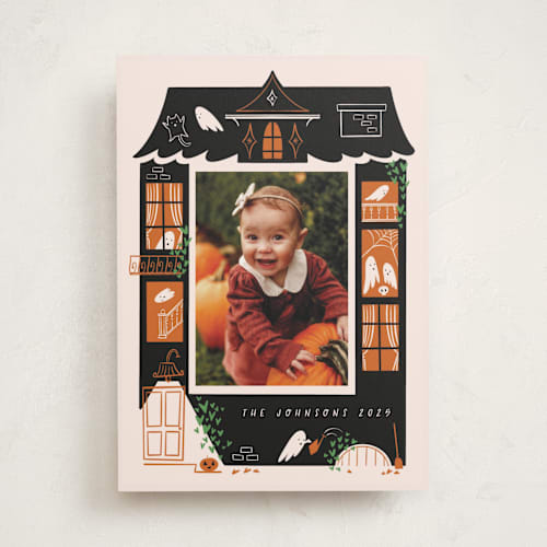This is a pumpkin halloween party invitations cards with standard by Grae called ghost house printing on recycled smooth signature in standard