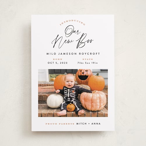 This is a pumpkin halloween party invitations cards by Hooray Creative called our new boo printing on recycled smooth signature in standard