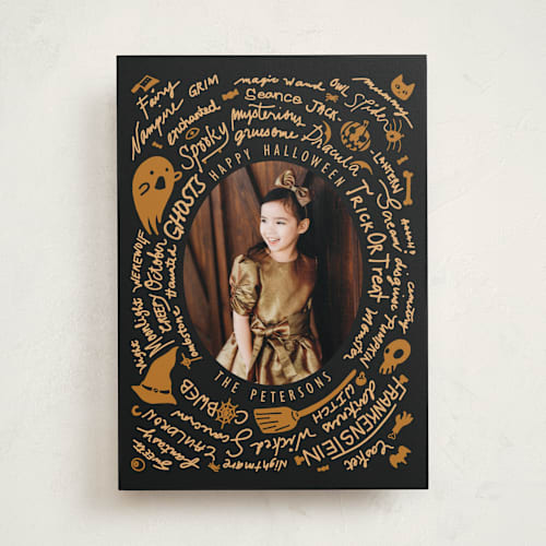 This is a jack o lantern halloween party invitations cards by Ghia Designs called spell circle printing on recycled smooth signature in standard
