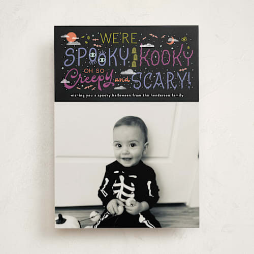 This is a ghoulish halloween party invitations cards by Ashley DeMeyere called spooky kooky creepy scary printing on recycled smooth signature in standard