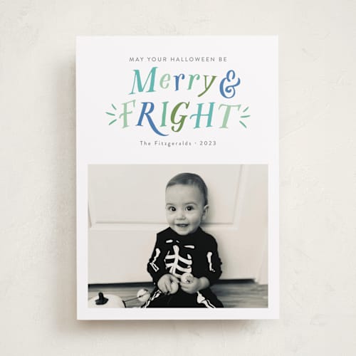 This is a sea monster halloween party invitations cards by Jackie Crawford called merry and fright printing on recycled smooth signature in standard