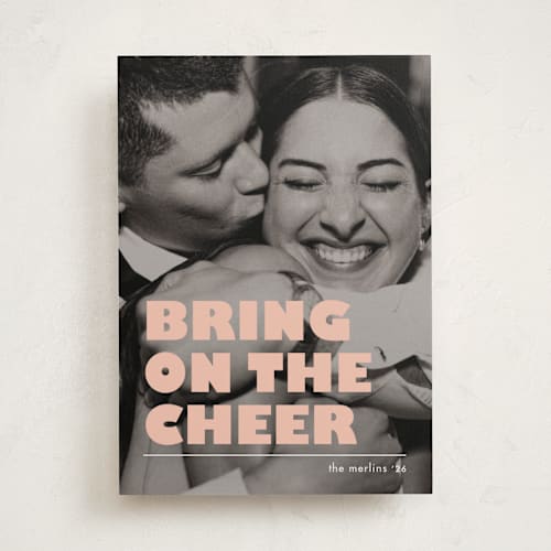 This is a creamsicle new year photo cards with standard by Snow and Ivy called bring on the cheer printing on recycled smooth signature in standard