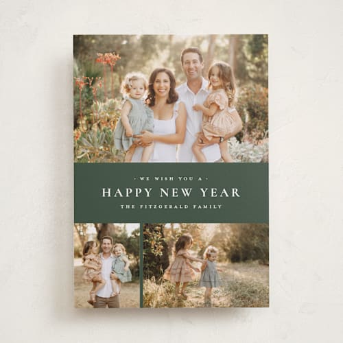 This is a eucalyptus new year photo cards with standard by Wildfield Paper Co called quartzite printing on recycled smooth signature in standard