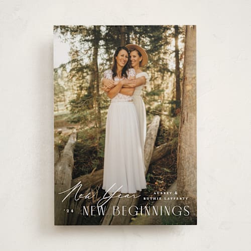 This is a snow new year photo cards with standard by Amy Kross called new again printing on recycled smooth signature in standard