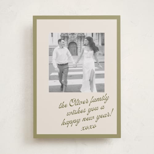 This is a sage ecru new year photo cards with standard by AK Graphics called note printing on recycled smooth signature in standard