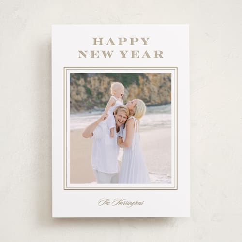 This is a caramel new year photo cards with standard by Stacey Meacham called resort style printing on recycled smooth signature in standard