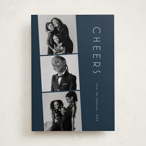 This is a navy new year photo cards with standard by Deynaaz Daraei called lavatera printing on recycled smooth signature in standard