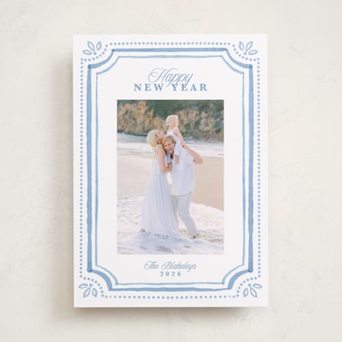 This is a blue jay new year photo cards with standard by Melanie Kosuge called fine frame printing on recycled smooth signature in standard