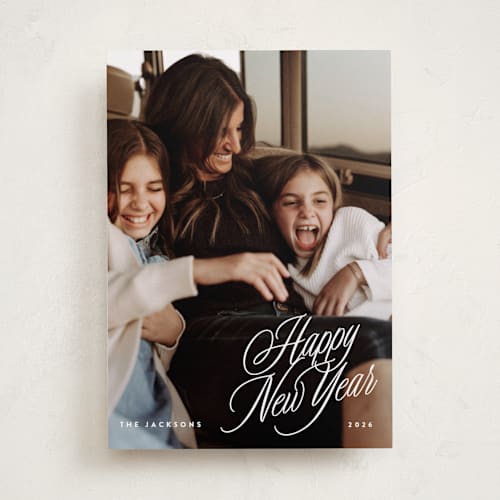 This is a cloud new year photo cards with standard by JoAnn Jinks called calligraphed printing on recycled smooth signature in standard