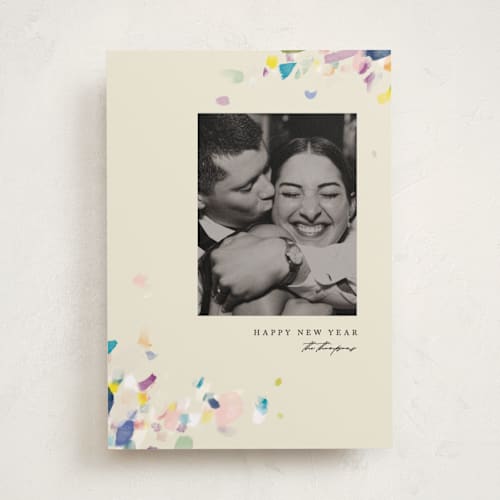This is a eggnog new year photo cards with standard by Eric Ransom called dabbed confetti printing on recycled smooth signature in standard