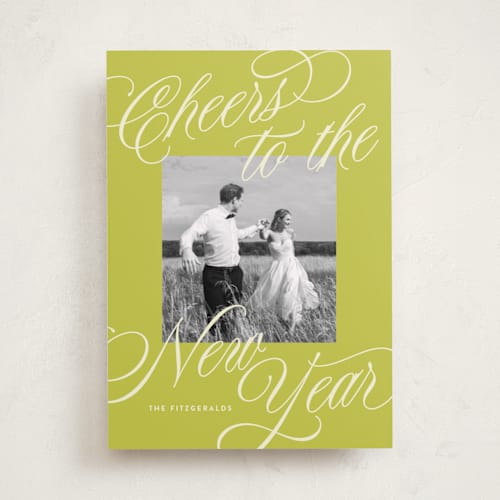This is a lime new year photo cards with standard by Jackie Crawford called all scripts printing on recycled smooth signature in standard