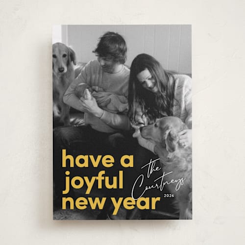 This is a goldenrod new year photo cards with standard by Kacey Kendrick Wagner called bright message printing on recycled smooth signature in standard