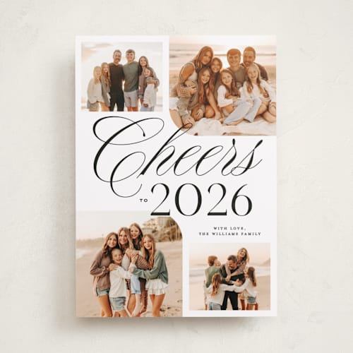 This is a snow new year photo cards with standard by Owl and Toad called four cheers printing on recycled smooth signature in standard