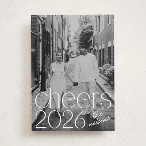 This is a vanilla new year photo cards with standard by Charter Oaks Creative called dignified cheers printing on recycled smooth signature in standard