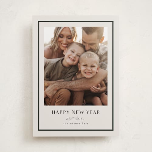 This is a ivory new year photo cards with standard by Stacey Meacham called simple border printing on recycled smooth signature in standard