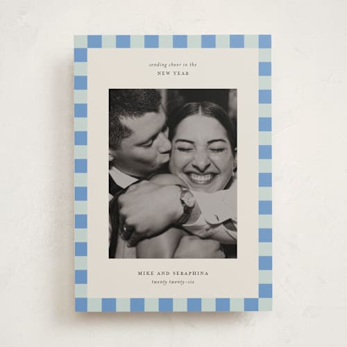 This is a sky new year photo cards with standard by Jackie Crawford called fun border checkers printing on recycled smooth signature in standard