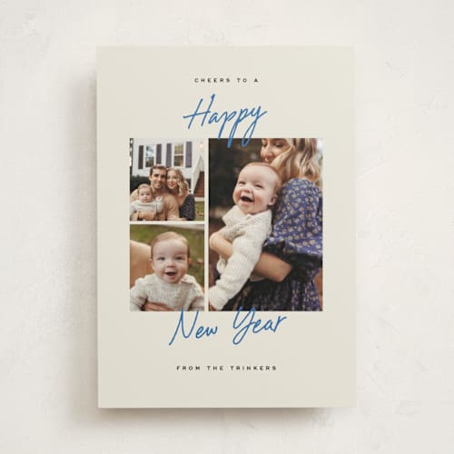 This is a azure new year photo cards with standard by Amy Kross called sincere cheer printing on recycled smooth signature in standard