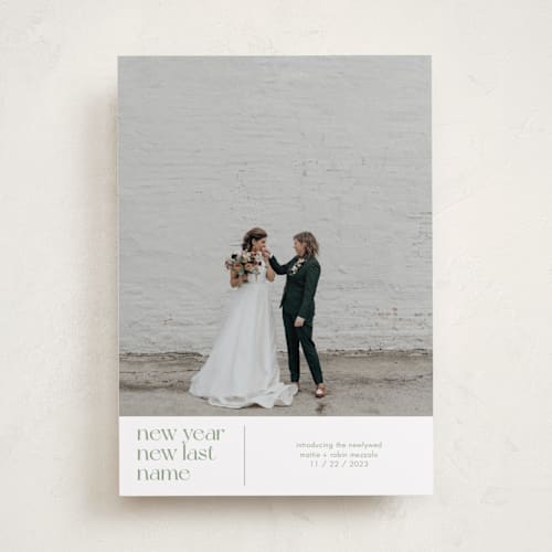 This is a sage new year photo cards with standard by Bramble Studio called new last name printing on recycled smooth signature in standard