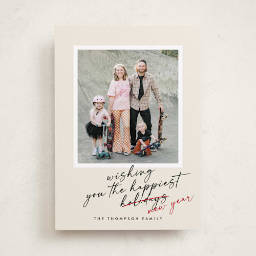 This is a holly berry new year photo cards with standard by Louise Kay called all good wishes printing on recycled smooth signature in standard