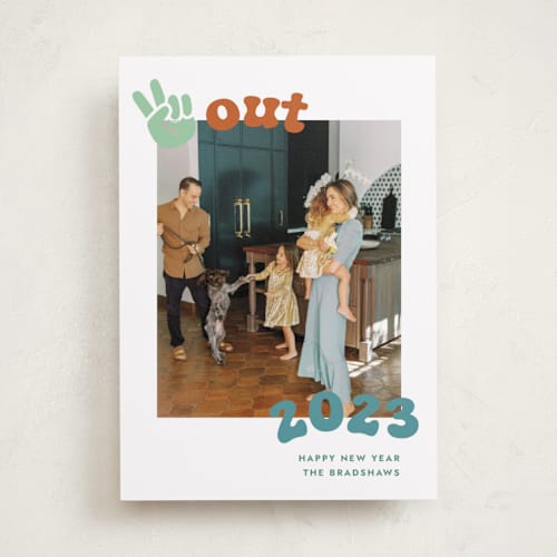This is a mint new year photo cards with standard by Megan Davis called peace out printing on recycled smooth signature in standard