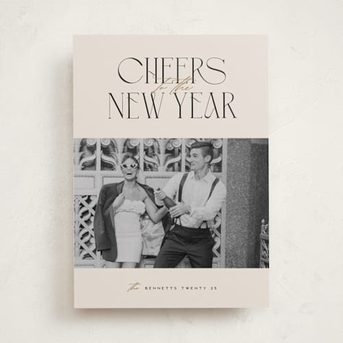 This is a ecru new year photo cards with standard by Erica Krystek called cheerful stack printing on recycled smooth signature in standard