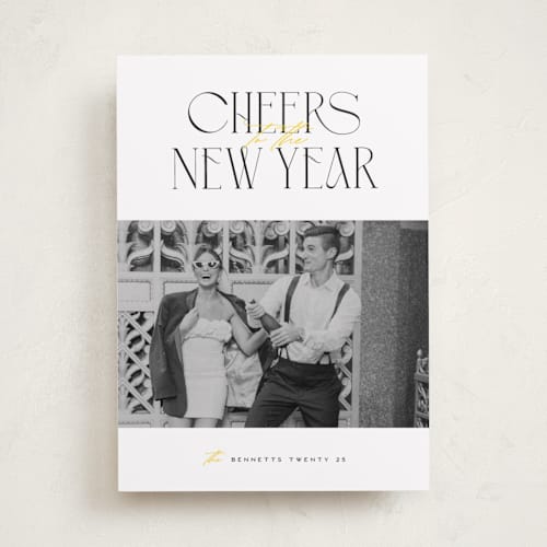 This is a sunburst new year photo cards with standard by Erica Krystek called cheerful stack printing on recycled smooth signature in standard