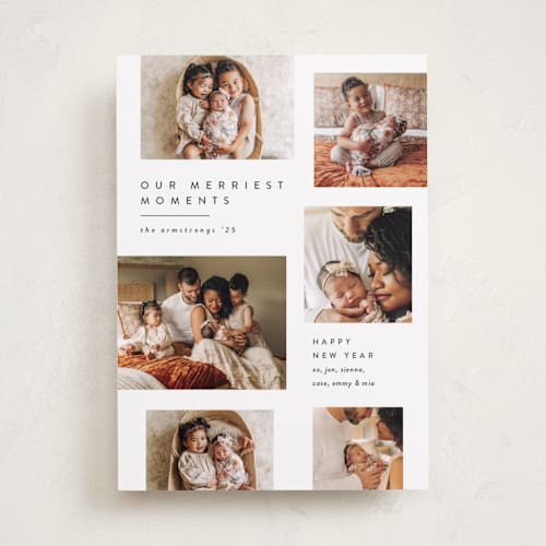 This is a snow new year photo cards with standard by Stacey Meacham called merriest moments printing on recycled smooth signature in standard