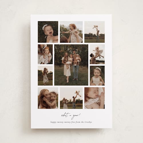 This is a cloud new year photo cards with standard by Sara Hicks Malone called m e m o r i e s printing on recycled smooth signature in standard