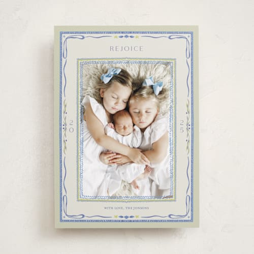 This is a blue jay new year photo cards with standard by Lucrecia Caporale called delicate botanical frame printing on recycled smooth signature in standard