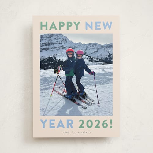 This is a spearmint new year photo cards with standard by Carolyn MacLaren called happy colors printing on recycled smooth signature in standard