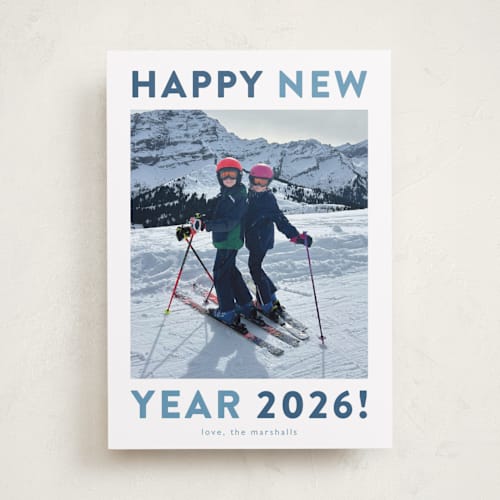 This is a aqua new year photo cards with standard by Carolyn MacLaren called happy colors printing on recycled smooth signature in standard