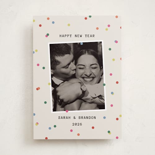 This is a ecru new year photo cards with standard by Kercia Jane called confetti moment printing on recycled smooth signature in standard