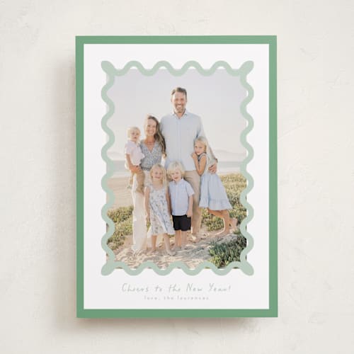 This is a spearmint new year photo cards with standard by Blustery August called party squiggle printing on recycled smooth signature in standard