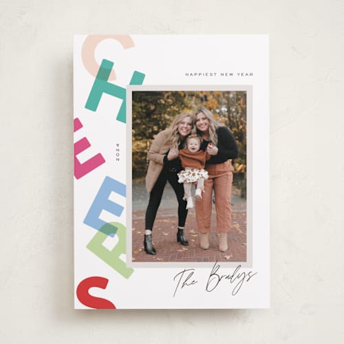 This is a neon new year photo cards with standard by Pixel and Hank called cascade printing on recycled smooth signature in standard