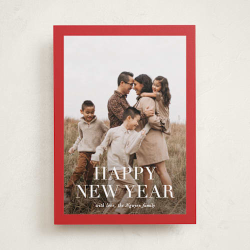 This is a poinsettia new year photo cards with standard by Amy Kross called broad edge printing on recycled smooth signature in standard