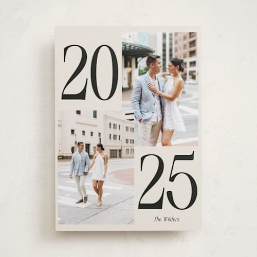 This is a coal new year photo cards with standard by Morgan Kendall called balanced printing on recycled smooth signature in standard
