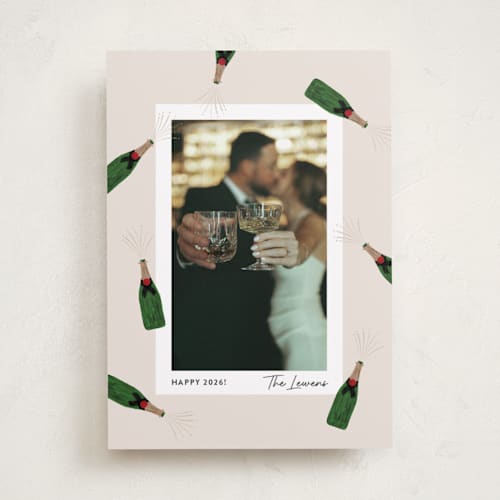 This is a eggnog new year photo cards with standard by Shari Margolin called popping bottles printing on recycled smooth signature in standard