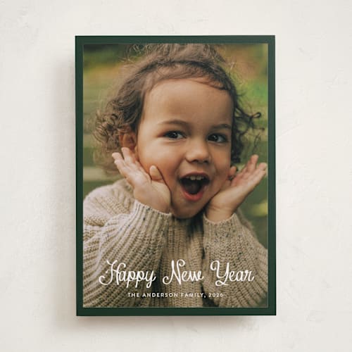 This is a emerald green new year photo cards with standard by Cass Loh called cursive bottom printing on recycled smooth signature in standard