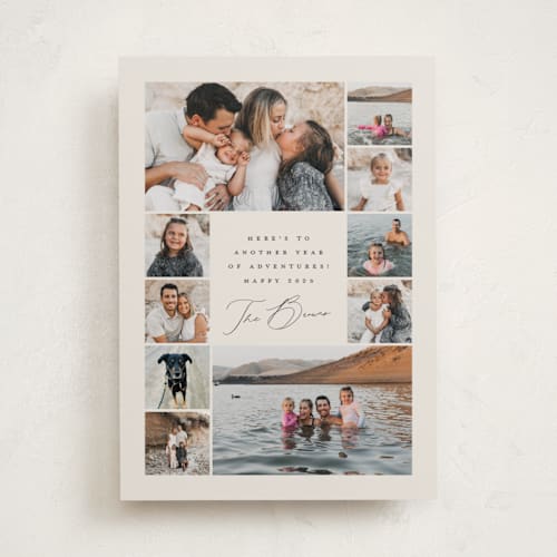 This is a vanilla new year photo cards with standard by Olivia Raufman called our adventures printing on recycled smooth signature in standard